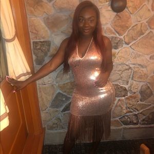 Rose Gold Halter Sequin Fringe Dress
